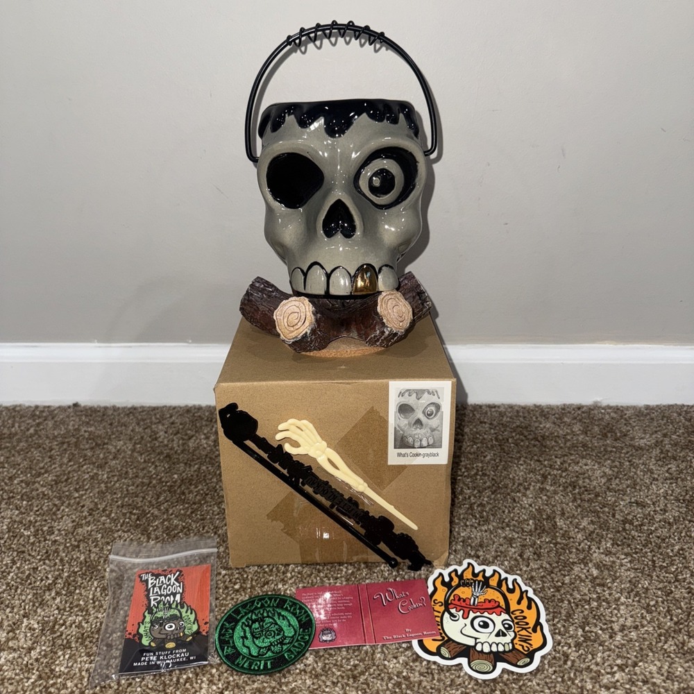 Black Lagoon Room WHAT'S COOKIN'? Kettle Black 36oz Gothic Skull Tiki Mug! - Picture 2 of 9